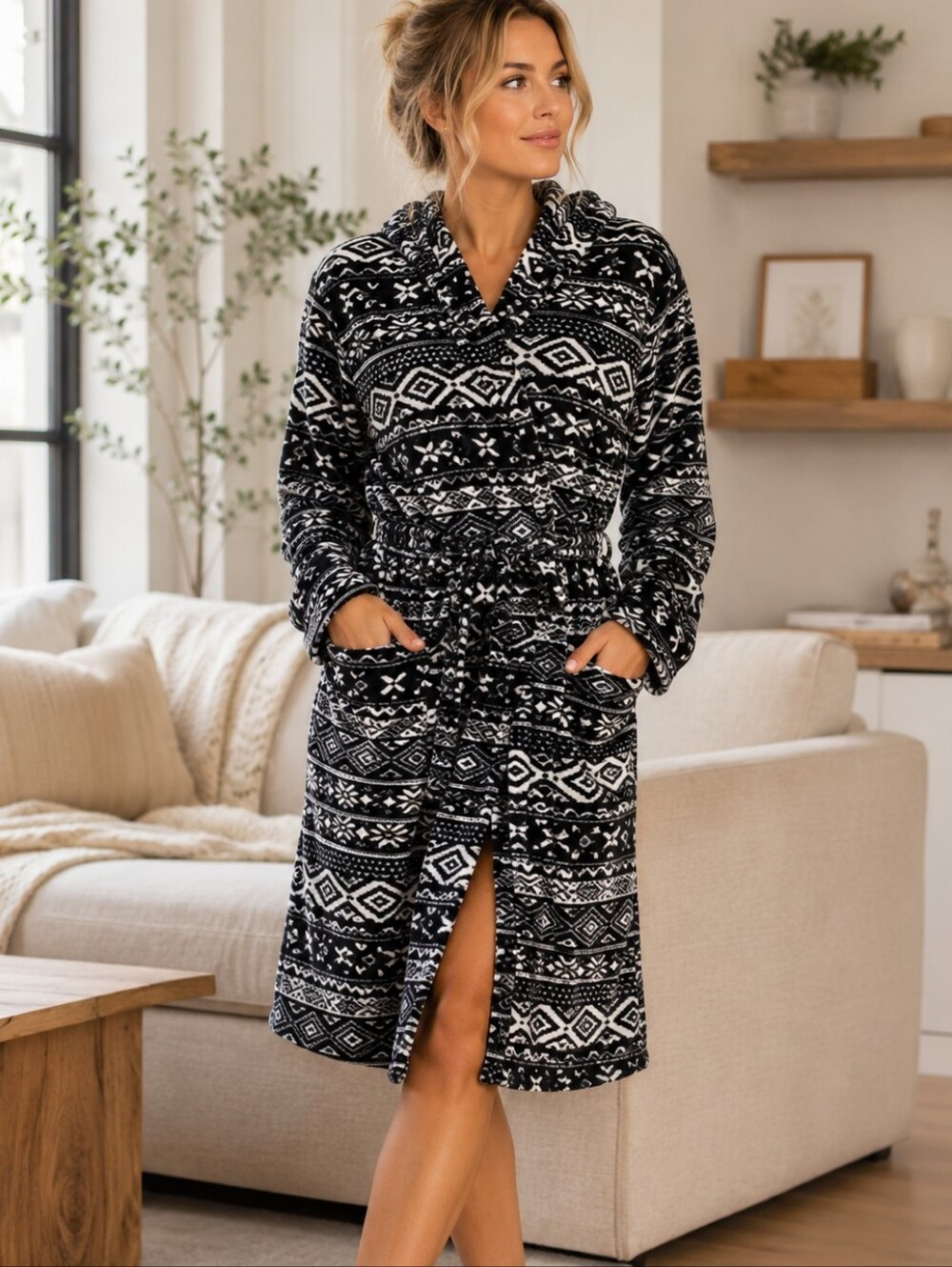 💙 SUPER SOFT Cozy Black & White Patterned Hooded Robe